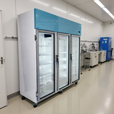 Nuline NLM1614-3 Laboratory Refrigerator with Glass Doors Closed Standing Against Laboratory Wall Angled Right Front View