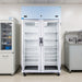 Nuline NLMDR1000 Dual Laboratory Refrigerator Glass Door Closed Standing Against Wall in Laboratory Front View