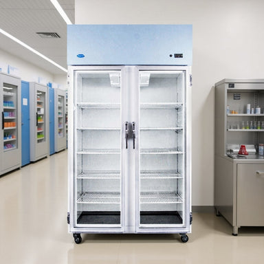 Nuline NLMF1400-2 Laboratory Freezer with Heated Glass Door Closed Standing Against Laboratory Wall Front View