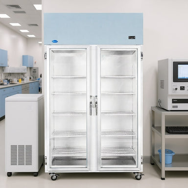 Nuline NLMS1000-2 Spark Safe Laboratory Refrigerator with Glass Doors Closed Standing Against Laboratory Wall Front View