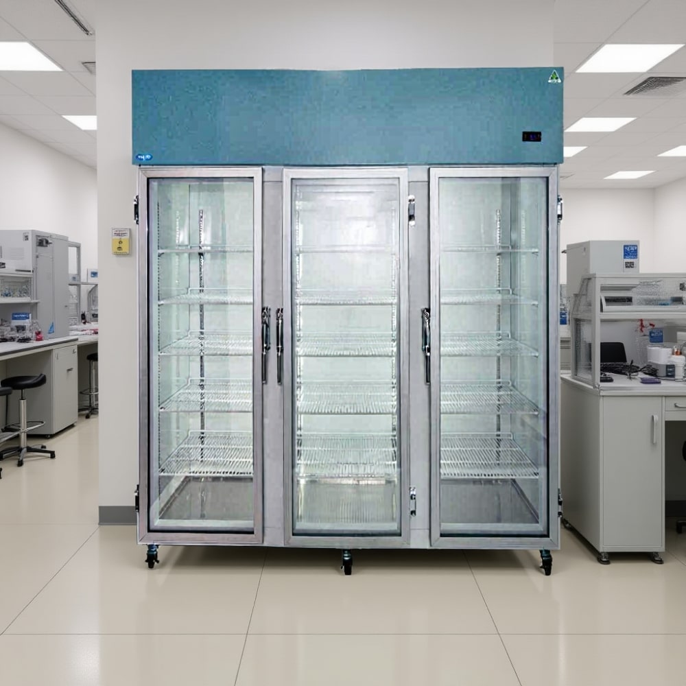 Nuline NLMS1614-3 Spark Safe Laboratory Refrigerator with Glass Doors Standing Against Laboratory Wall Closed Front View