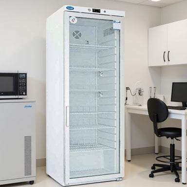 Nuline PR350 Pharmacy Refrigerator Glass Door Closed Standing on Laboratory Floor Angled Right Front View
