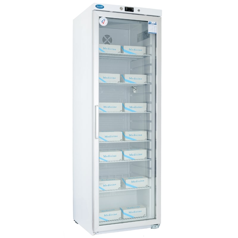 Nuline PR350 Pharmacy Refrigerator Glass Door w-Stock Closed Angled Right View