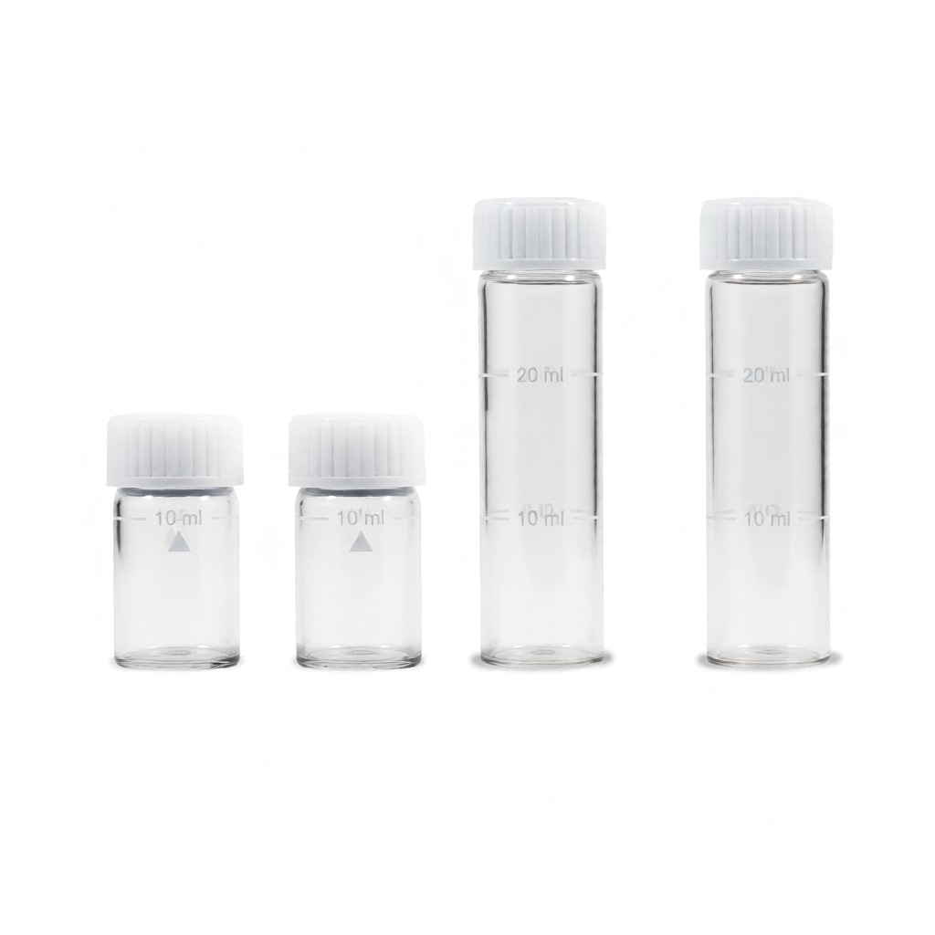 Ohaus AP50MM-F 2 x 10ml & 2 x 25ml Empty Replacement Vials Sitting on Flat Surface Side by Side Front View