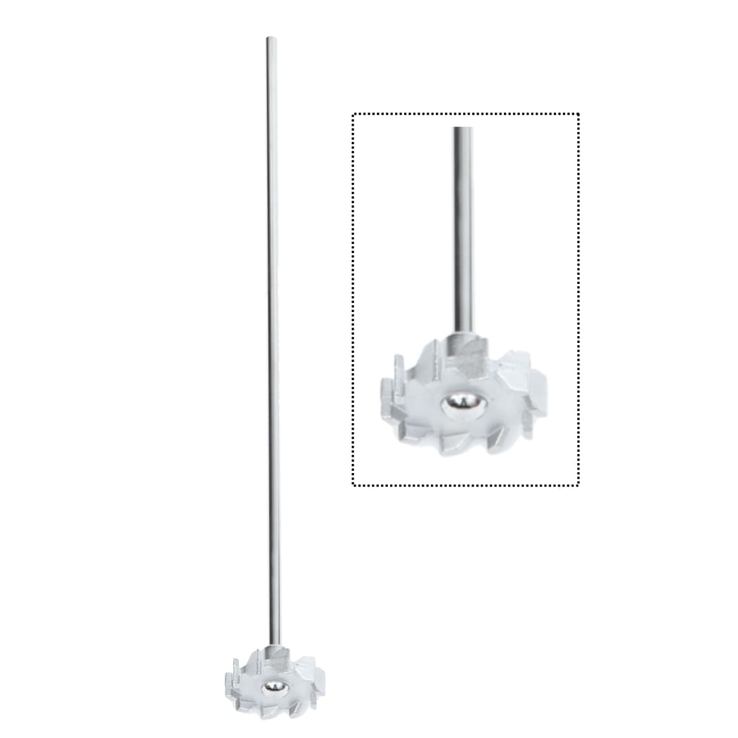 Ohaus Achiever 5000 Series 40x0.7cm Stirrer Shaft Standing Upright with Turbine and Close Up Turbine View to Right - Front View