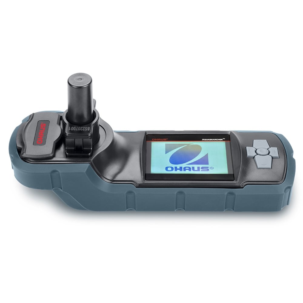 Ohaus Aquasearcher AP50MM Colorimeter Sitting on Flat Surface with COD Adapter in Vial Compartment Left Side Top Front View