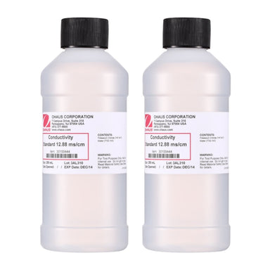 Ohaus Conductivity Standard Solution 12.88 mS-cm 2Pk in 250ml Plastic Bottles Sitting on Flat Surface Label Facing