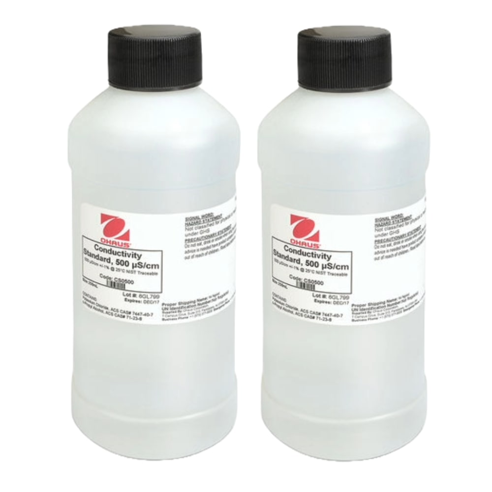 Ohaus Conductivity Standard Solution 500 μS-cm in 2Pk 250ml Plastic Bottles Sitting on Flat Surface Label Facing Front View