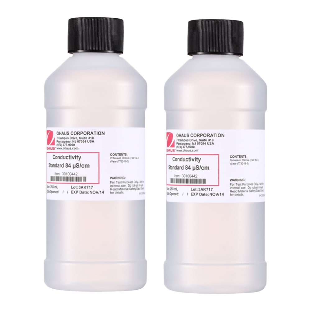 Ohaus Conductivity Standard Solution 84 μS-cm 2Pk in 250ml Plastic Bottles Sitting on Flat Surface Label Facing