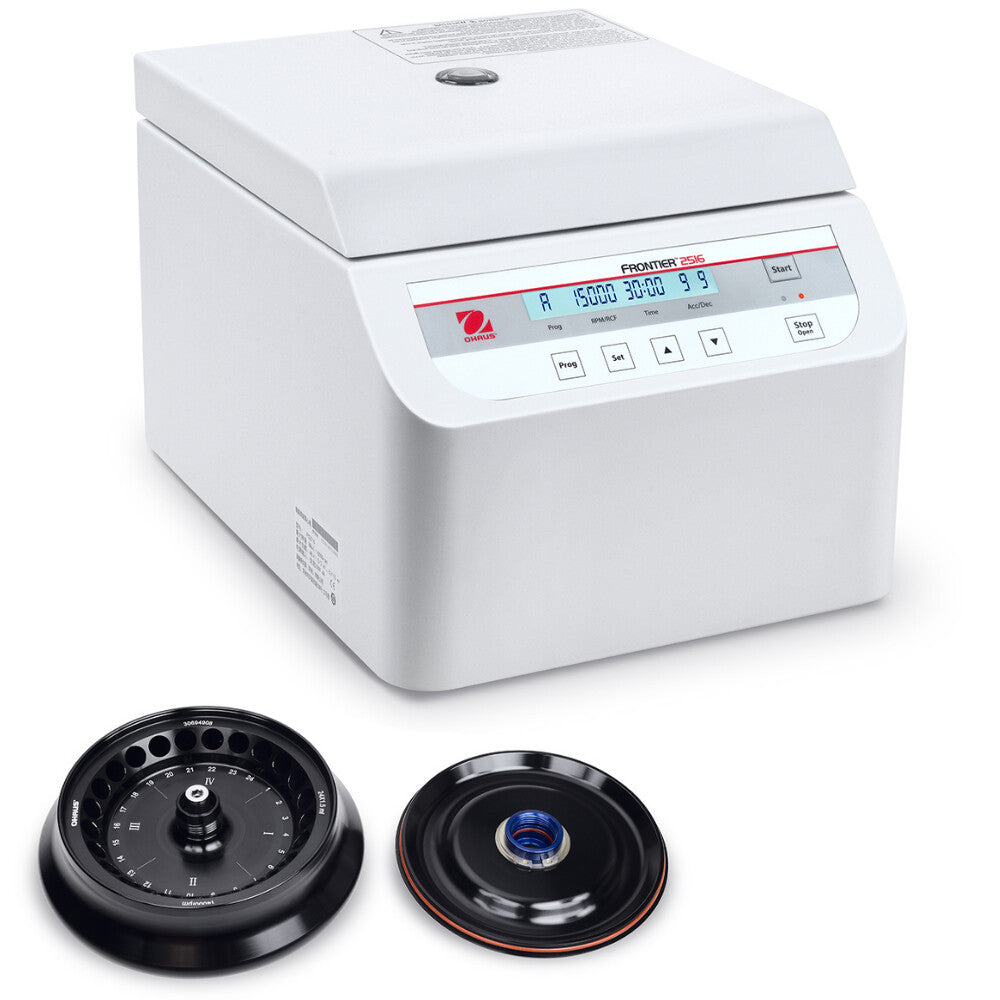 Ohaus Frontier 2000 Series FC2516 Micro Centrifuge Closed Lid Angled Right Top Front View with R08 Rotor Sitting on Left Side