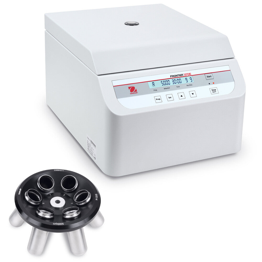 Ohaus Frontier 2000 Series FC2706 Micro Centrifuge Closed Lid Angled Right Top Front View with R07 Rotor Sitting on Left Side