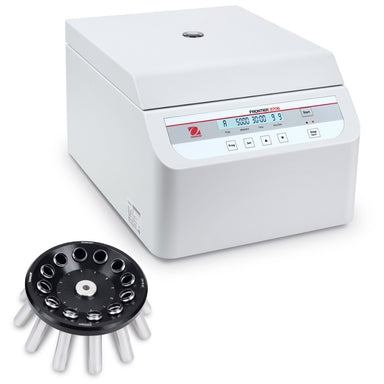 Ohaus Frontier 2000 Series FC2706 Micro Centrifuge Closed Lid Angled Right Top Front View with R11 Rotor Sitting on Left Side