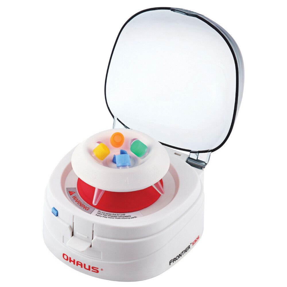 Ohaus Frontier 5000 Series FC5306 Mini Centrifuge Open Lid with Angle Rotor Inside Angled Left Front Top View