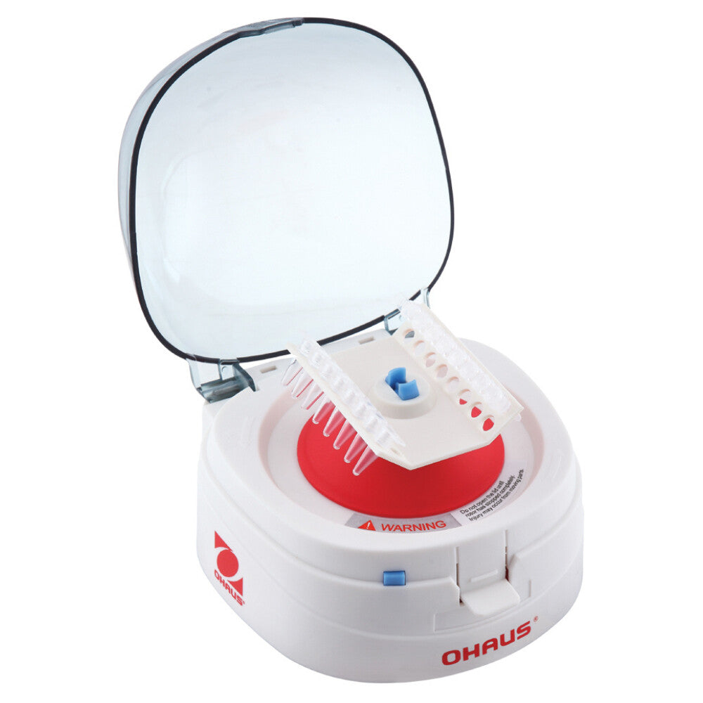 Ohaus Frontier 5000 Series FC5306 Mini Centrifuge Open Lid with Rectangle Rotor Inside Angled Right Front Top View