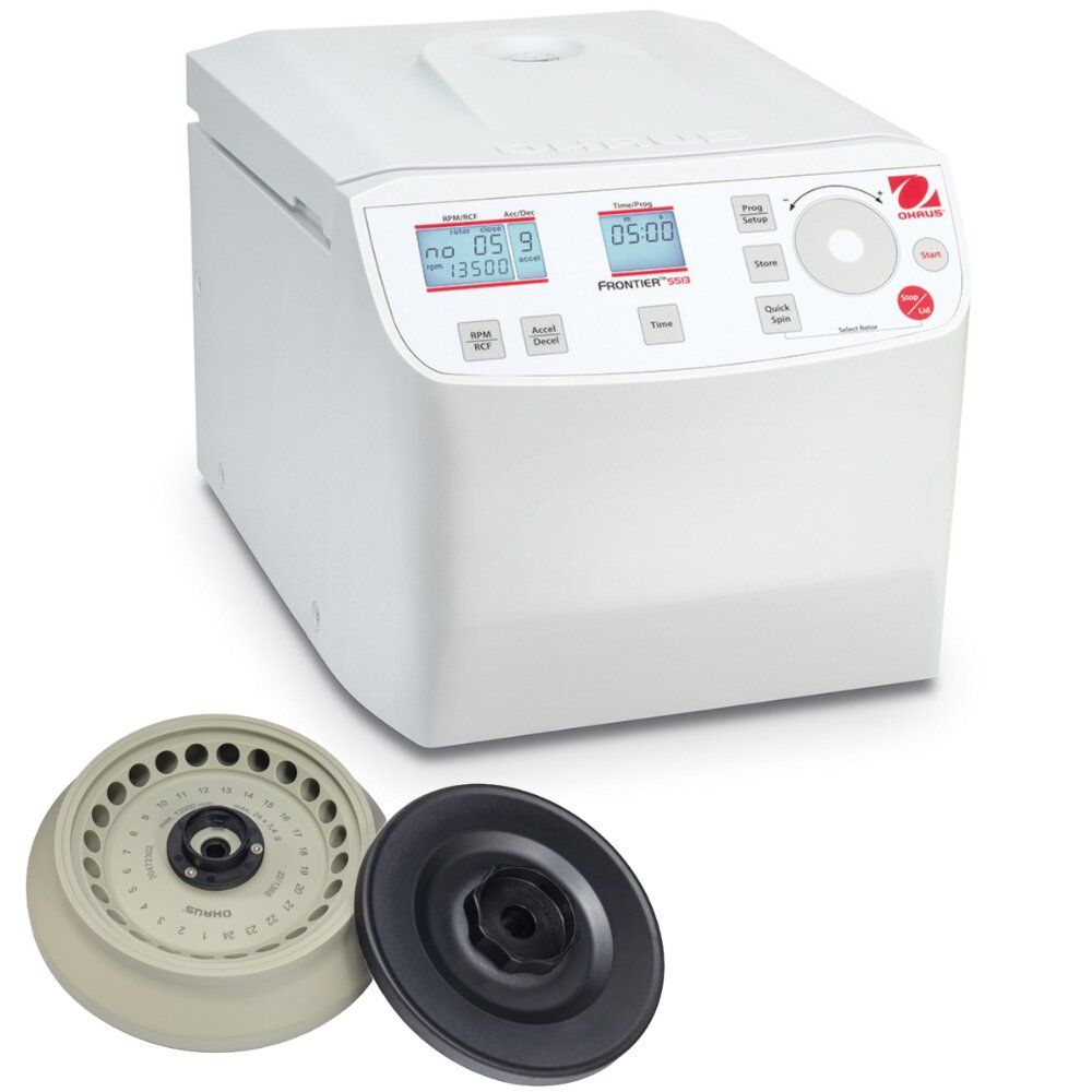 Ohaus Frontier 5000 Series FC5513 Micro Centrifuge Closed Lid Angled Right Top Front View with R02 Rotor with BIOSEALS on Left Side