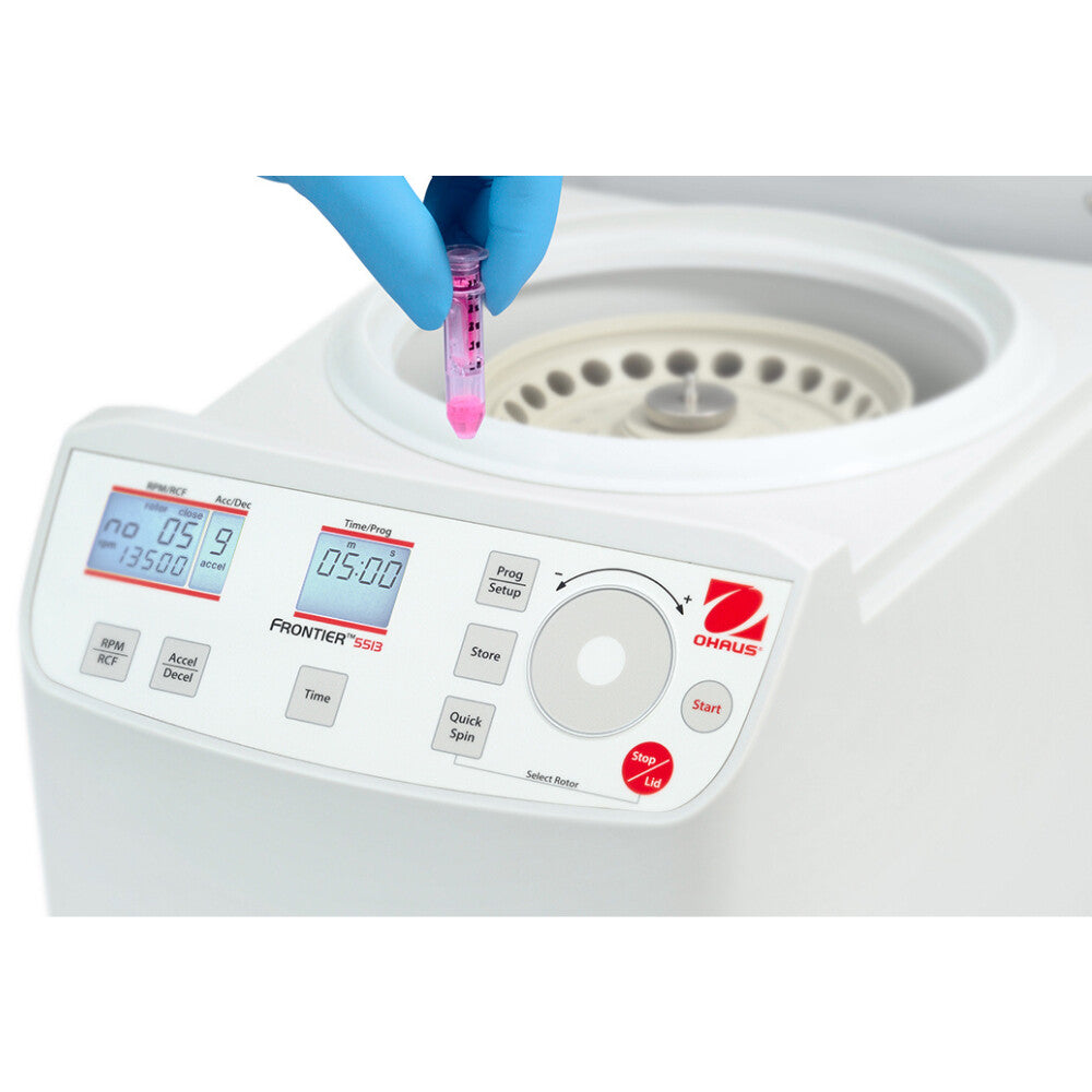 Ohaus Frontier 5000 Series FC5513 Micro Centrifuge Open Lid with Hand Holding Small Test Tube Close Up Front Panel View