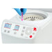 Ohaus Frontier 5000 Series FC5513 Micro Centrifuge Open Lid with Hand Holding Small Test Tube Close Up Front Panel View