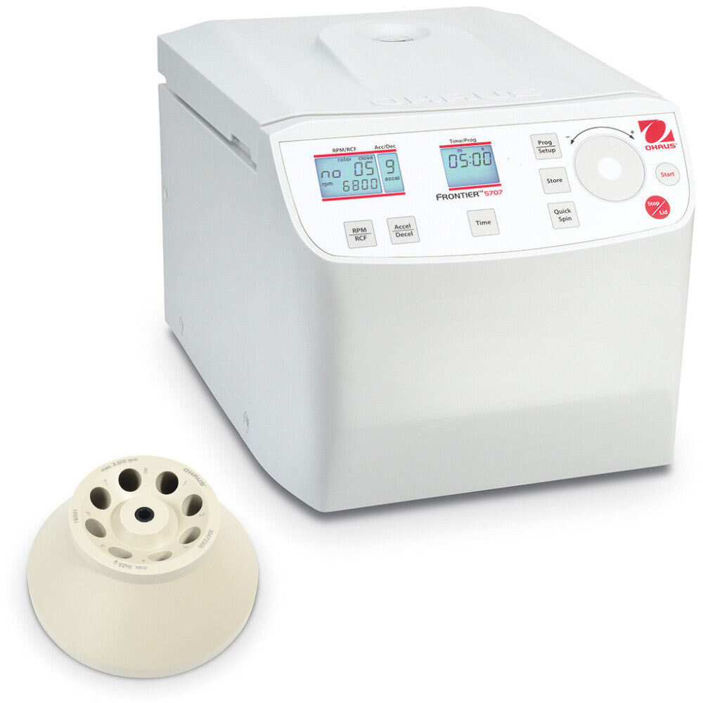 Ohaus Frontier 5000 Series FC5707 Multi Centrifuge Closed Lid Angled Right Top Front View with R05 Rotor to Left Side