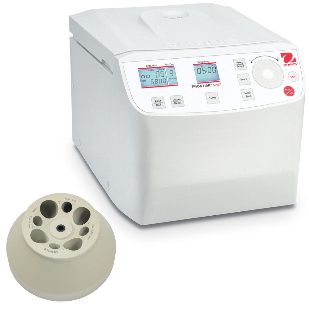 Ohaus Frontier 5000 Series FC5707 Multi Centrifuge Closed Lid Angled Right Top Front View with R09 Rotor to Left Side