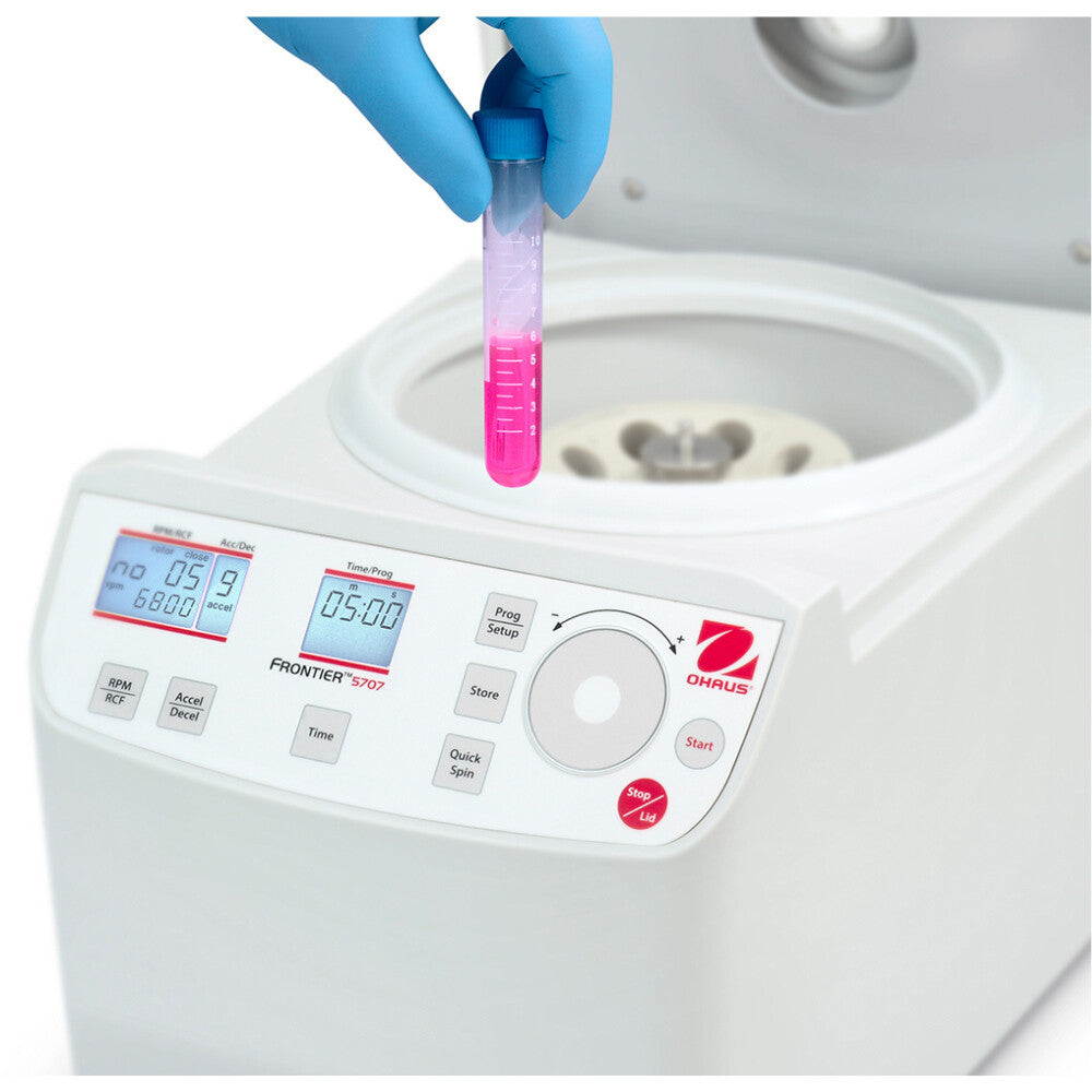 Ohaus Frontier 5000 Series FC5707 Multi Centrifuge Open Lid with Hand Holding Small Test Tube Close Up Front Panel View