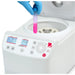 Ohaus Frontier 5000 Series FC5707 Multi Centrifuge Open Lid with Hand Holding Small Test Tube Close Up Front Panel View