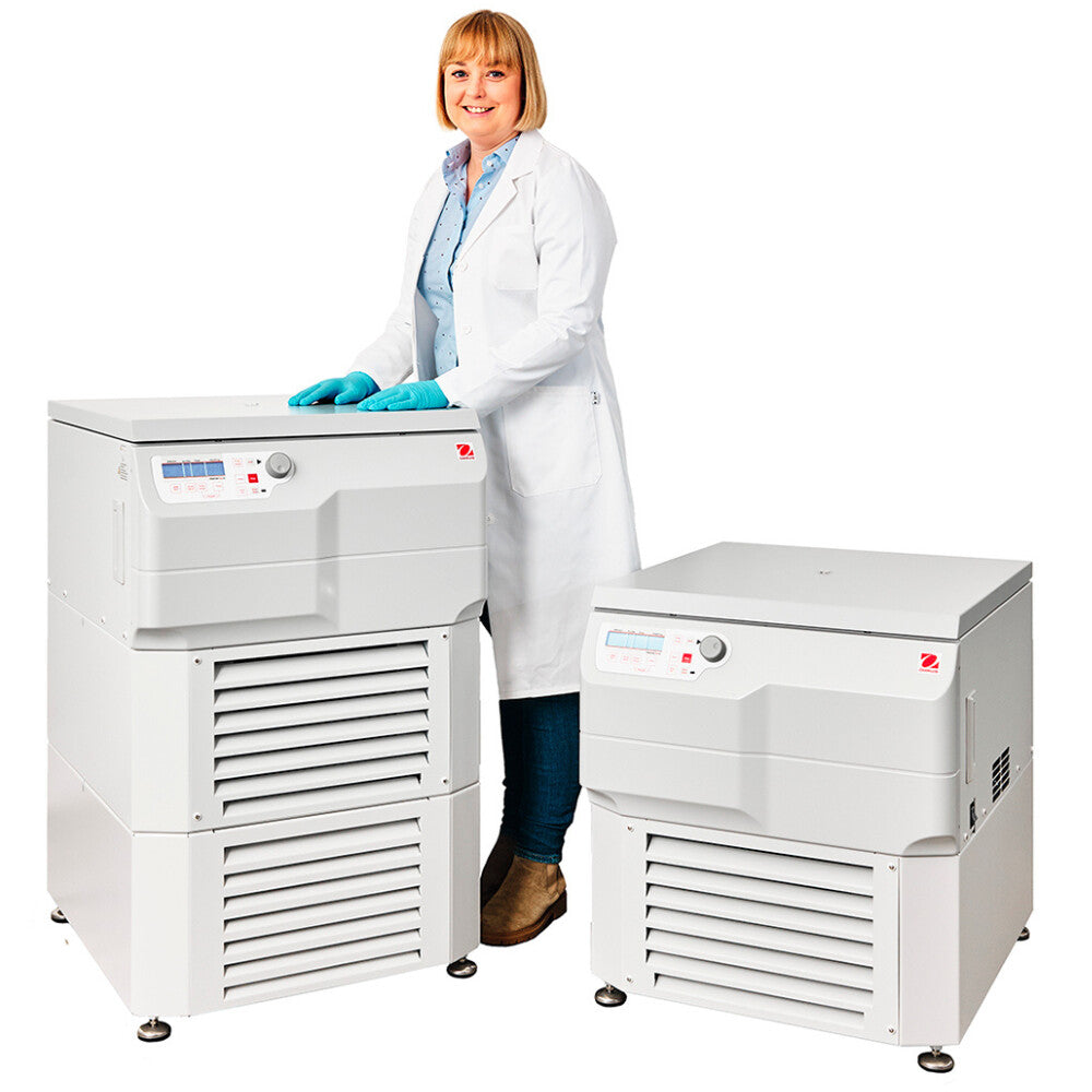 Ohaus Frontier 5000 Series FC5917RF & FC5917RF-Short Multi Pro Centrifuges Side by Side with Person Size Comparison Closed Lid Front View