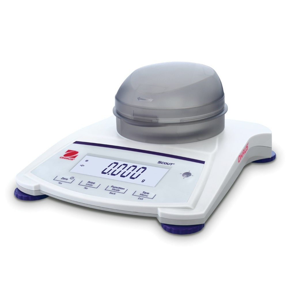 Ohaus Scout SJX Jewellery Scale External Calibration Small Pan with Draft Shield Angled Left Top Front View