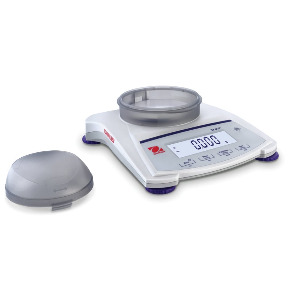 Ohaus Scout SJX Jewellery Scale External Calibration Small Pan with Draft Shield Top Removed Angled Right Top Front View