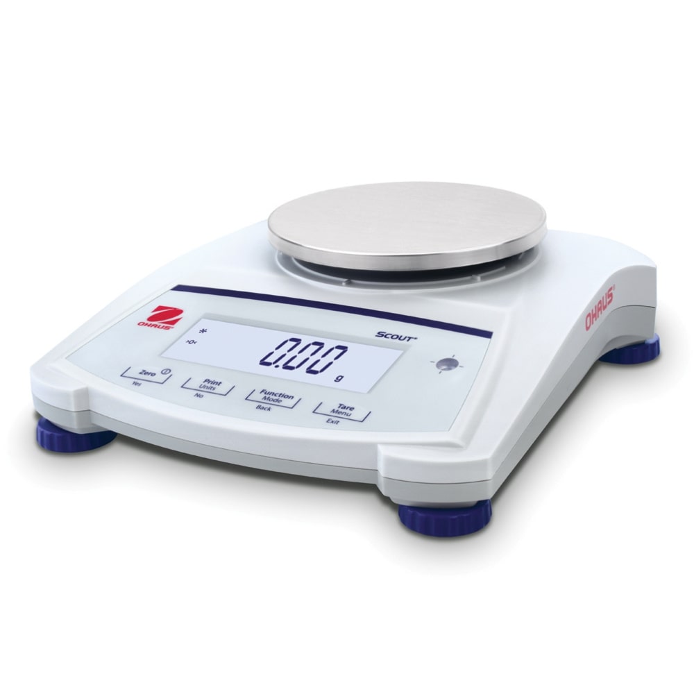 Ohaus Scout SJX Jewellery Scale Internal Calibration Small Pan Angled Left Top Front View