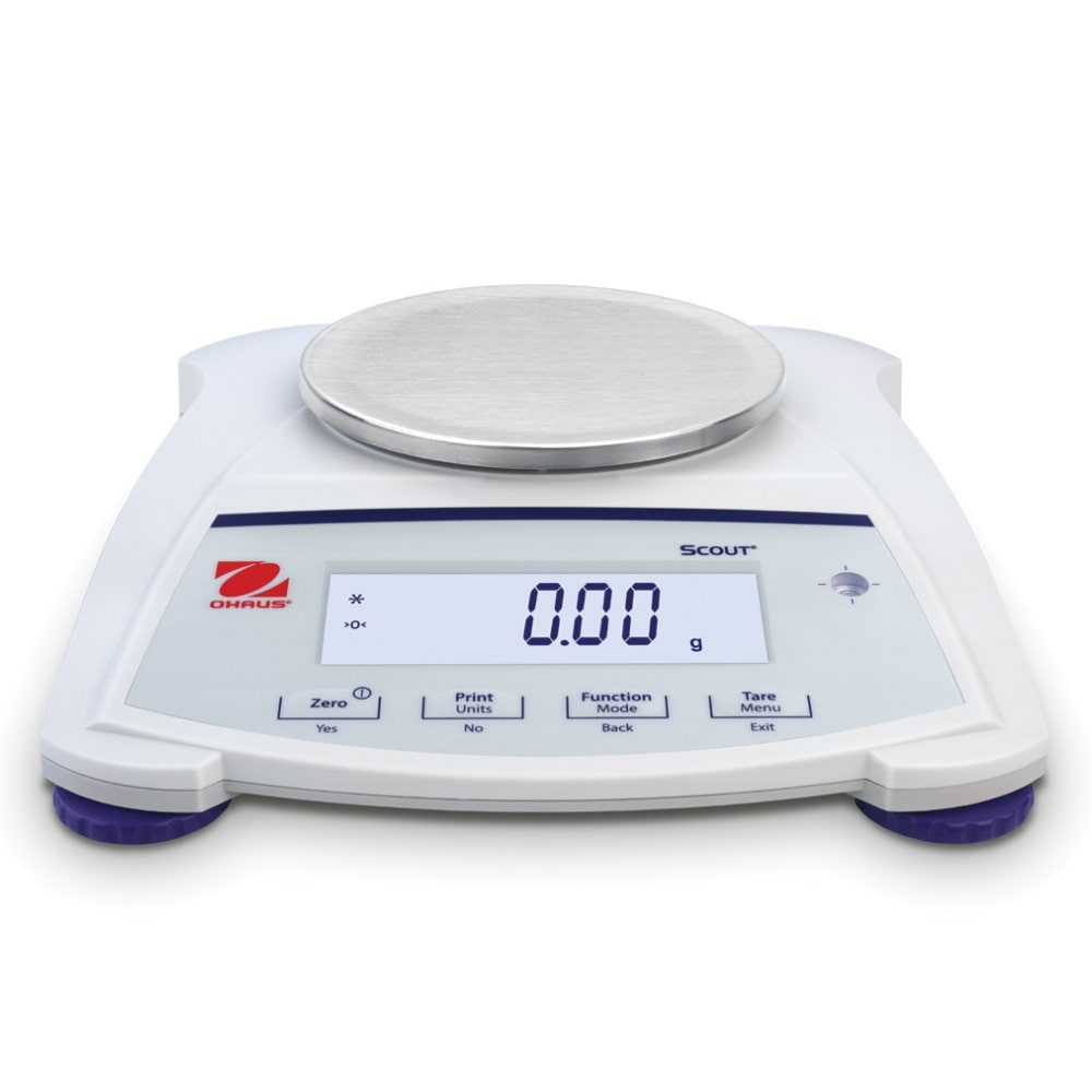 Ohaus Scout SJX Jewellery Scale Internal Calibration Small Pan Showing Control Panel Top Front View