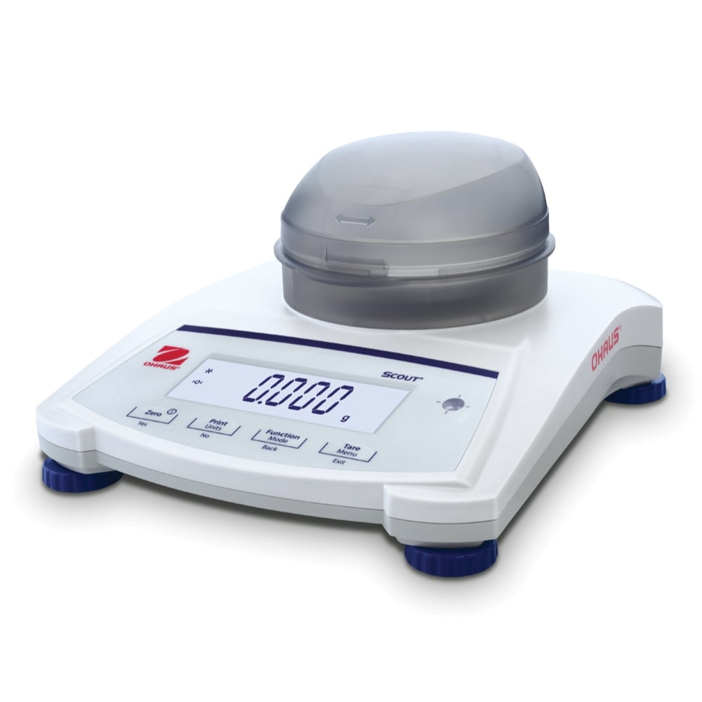 Ohaus Scout SJX Jewellery Scale Internal Calibration Small Pan with Draft Shield Angled Left Top Front View