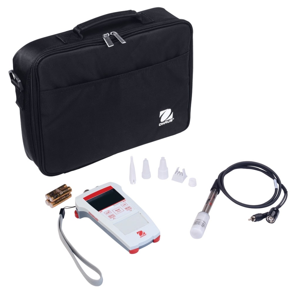 Ohaus Starter ST300-G pH Portable Meter Kit Contents Placed on Flat Surface with Carry Bag Angled Right Front View