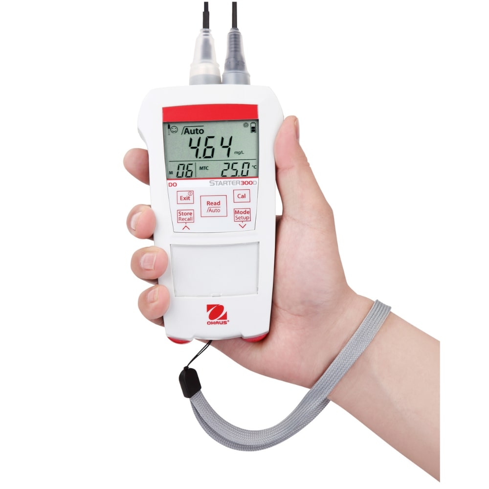 Ohaus Starter ST300D Dissolved Oxygen Portable Meter Held by Hand with Wrist Strap Attached Front View 