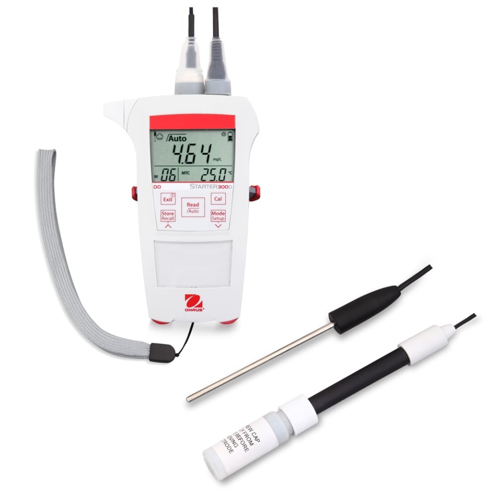 Ohaus Starter ST300D Dissolved Oxygen Portable Meter Standing Upright with the STDO11 & SSTEMP30 Probes Placed on Flat Surface in Front of Meter Front View