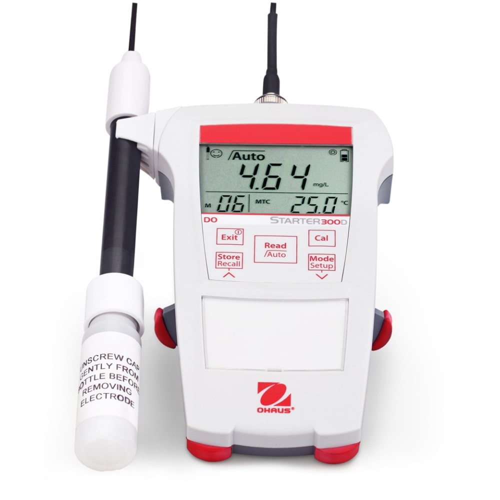 Ohaus Starter ST300D Dissolved Oxygen Portable Meter with Open Stand and STDO11 Probe Attached to Left Side of Meter Front View