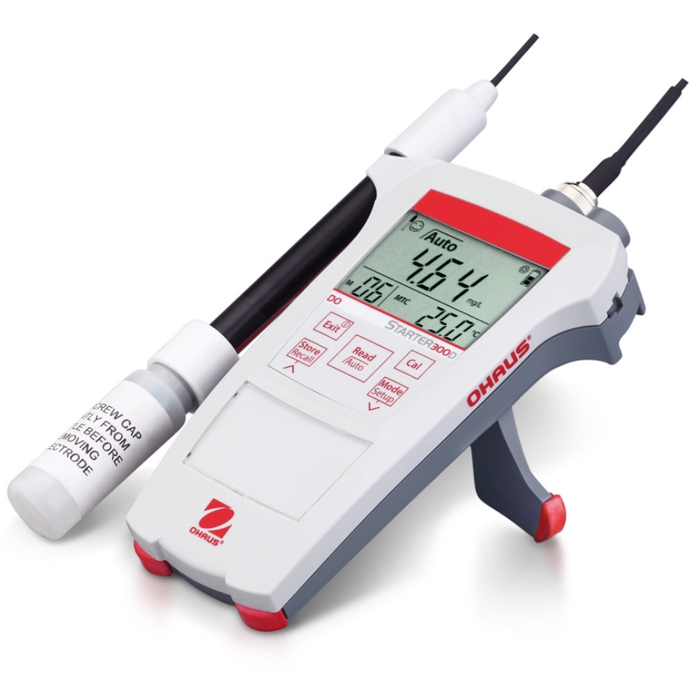 Ohaus Starter ST300D Dissolved Oxygen Portable Meter with Open Stand and STDO11 Probe Attached to Side of Meter Angled Left Front Right Side View