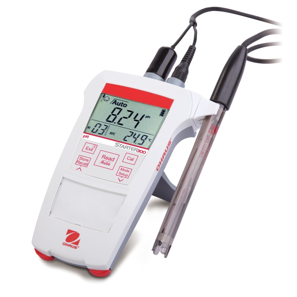 Ohaus Starter ST300pH Portable Meter with Open Stand and ST322 Electrode Attached to Right Side of Meter Angled Left Front View