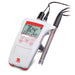 Ohaus Starter ST300pH Portable Meter with Open Stand and ST322 Electrode Attached to Right Side of Meter Angled Left Front View