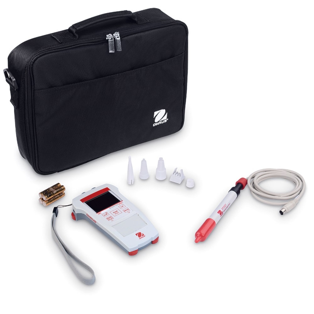 Ohaus Starter ST400-G Dissolved Oxygen Portable Meter Kit Contents Placed on Flat Surface with Carry Bag Angled Right Front View