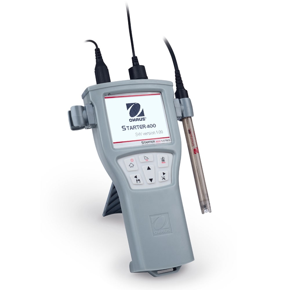 Ohaus Starter ST400-G pH Portable Meter inside Protective Rubber Housing and Probe Attached to Right Side Stand Opened Angled Right Front View 