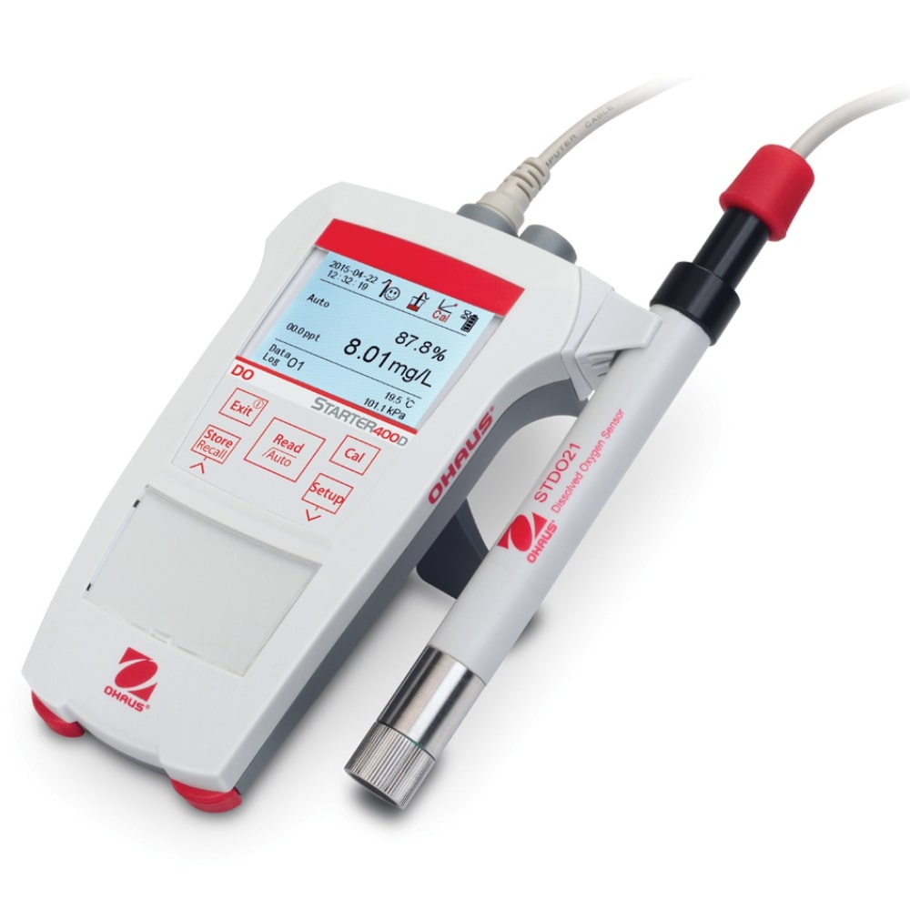 Ohaus Starter ST400D Dissolved Oxygen Portable Meter with Open Stand and STDO21 Electrode Attached to Side of Meter Angled Left Front View