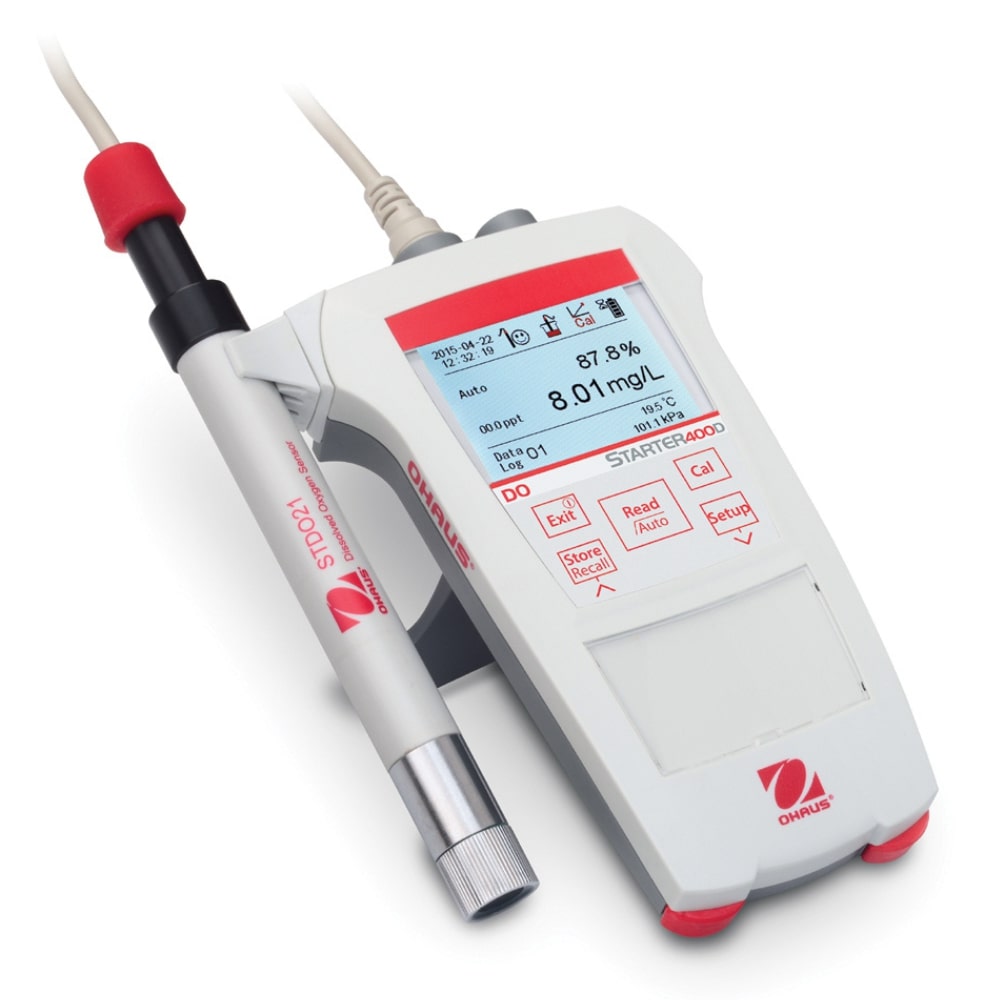 Ohaus Starter ST400D Dissolved Oxygen Portable Meter with Open Stand and STDO21 Electrode Attached to Side of Meter Angled Right Front View