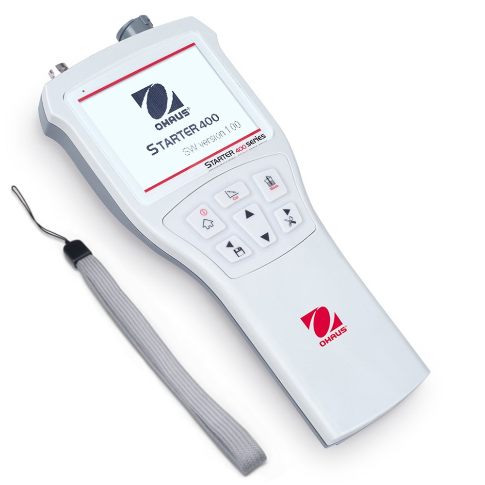 Ohaus Starter ST400 pH Portable Meter Placed on Flat Surface Next to Wrist Strap Angled Right Front View 