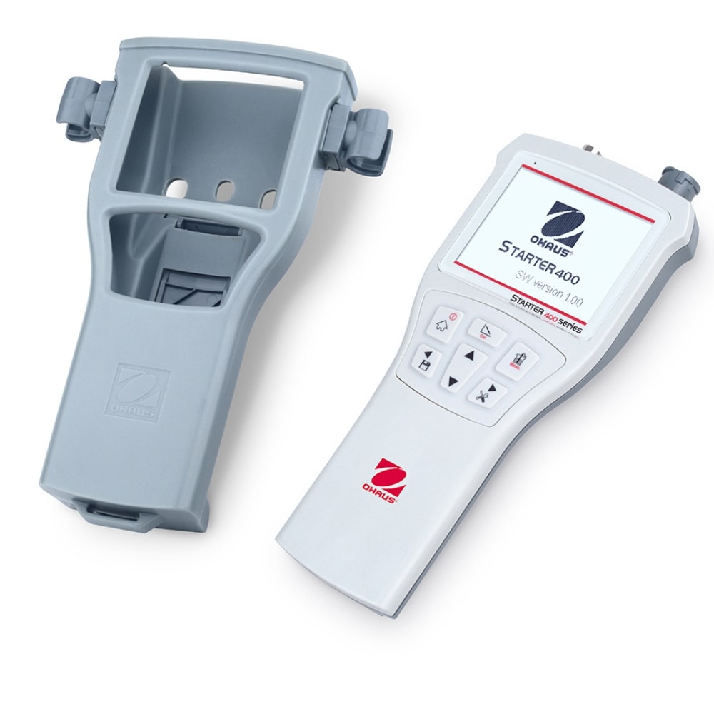 Ohaus Starter ST400 pH Portable Meter and Empty Protective Rubber Housing Placed on Flat Surface Side by Side Angled Left Front View 