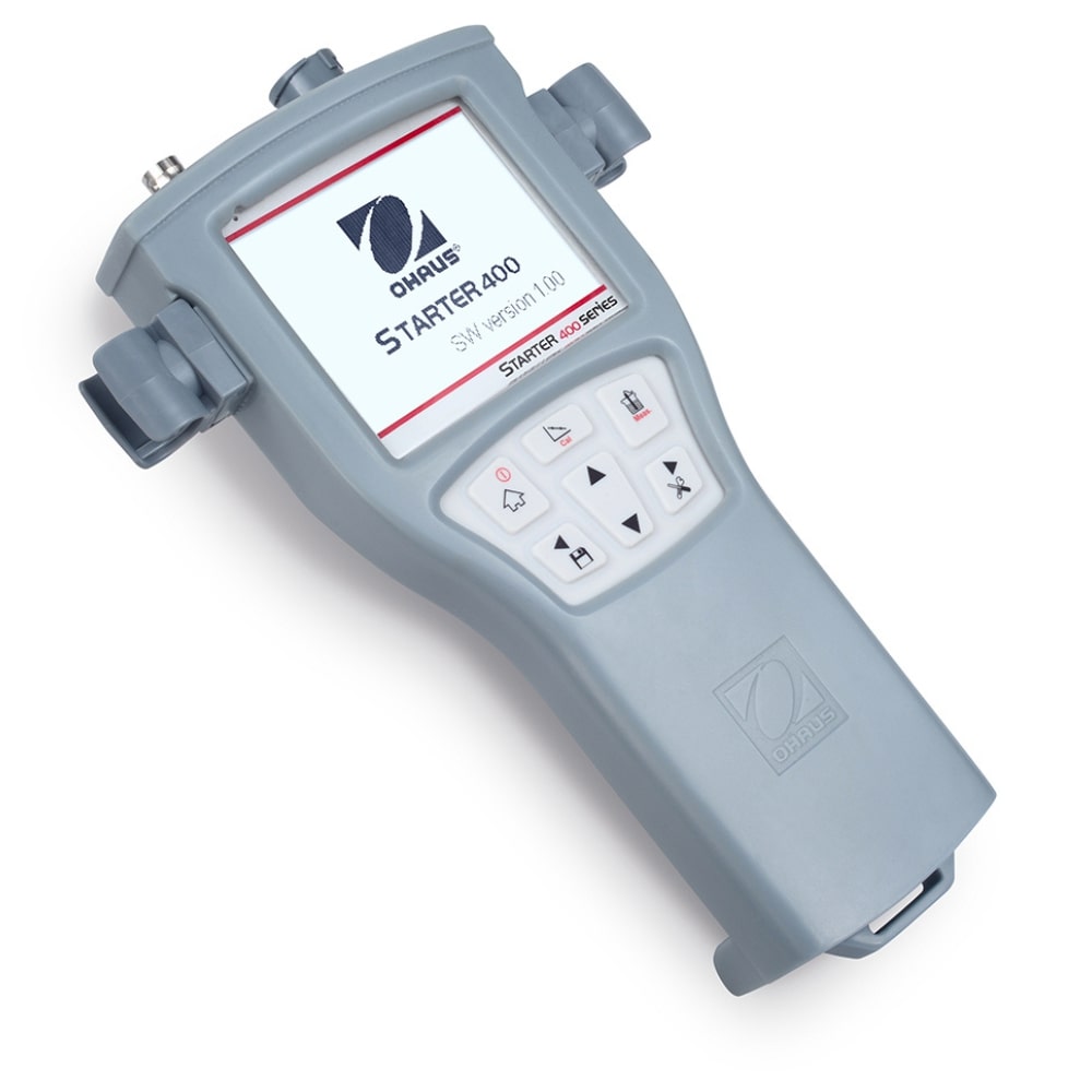 Ohaus Starter ST400 pH Portable Meter inside Protective Rubber Housing Placed on Flat Surface Angled Right Front View 