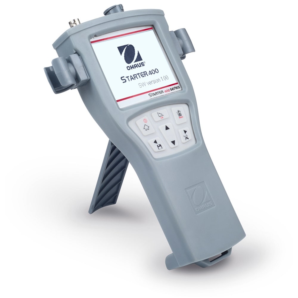 Ohaus Starter ST400 pH Portable Meter inside Protective Rubber Housing Stand Opened Angled Right Front View 