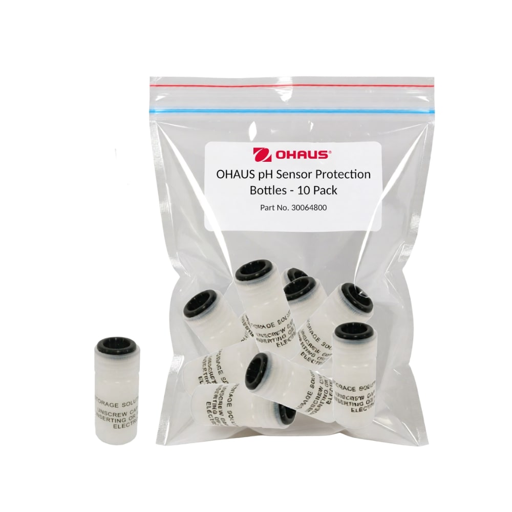 Ohaus pH Sensor Protection Bottle Pack of 10 Sitting Upright on Flat Surface Showing One Protection Bottle to the Left Front View