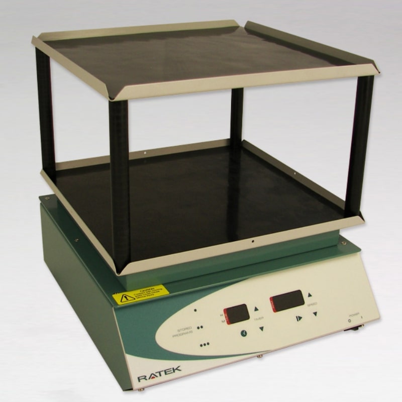 Ratek DTT5 Dual Tier Tray used on an OM6 Orbital Mixer - Top Right Angled Front View