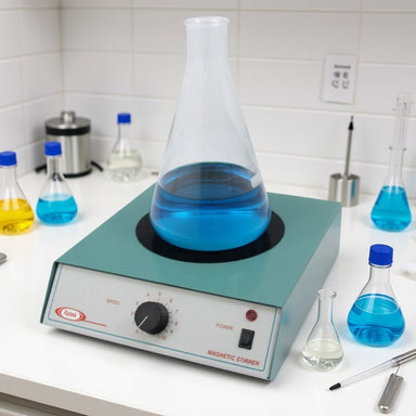 Ratek MS10 Large Magnetic Stirrer with Flask on top while sitting on Laboratory Bench Front Angled Left View