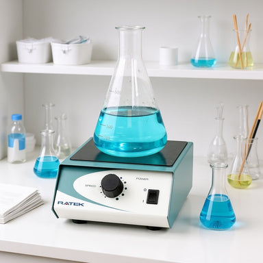 Ratek MS8 Compact Magnetic Stirrer sitting on Laboratory Bench Front Angled Left View